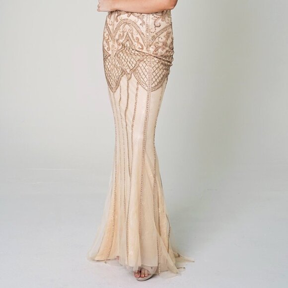 NEW LONG A-LINE MESH DRESS WITH ILLUSION SCOOP NECKLINE AND CAP SLEEVES AC 7001 - Picture 5 of 8